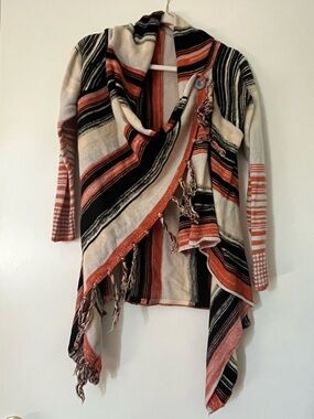 Striped Fringe Open Front Cardigan in Cream, Black & Rust